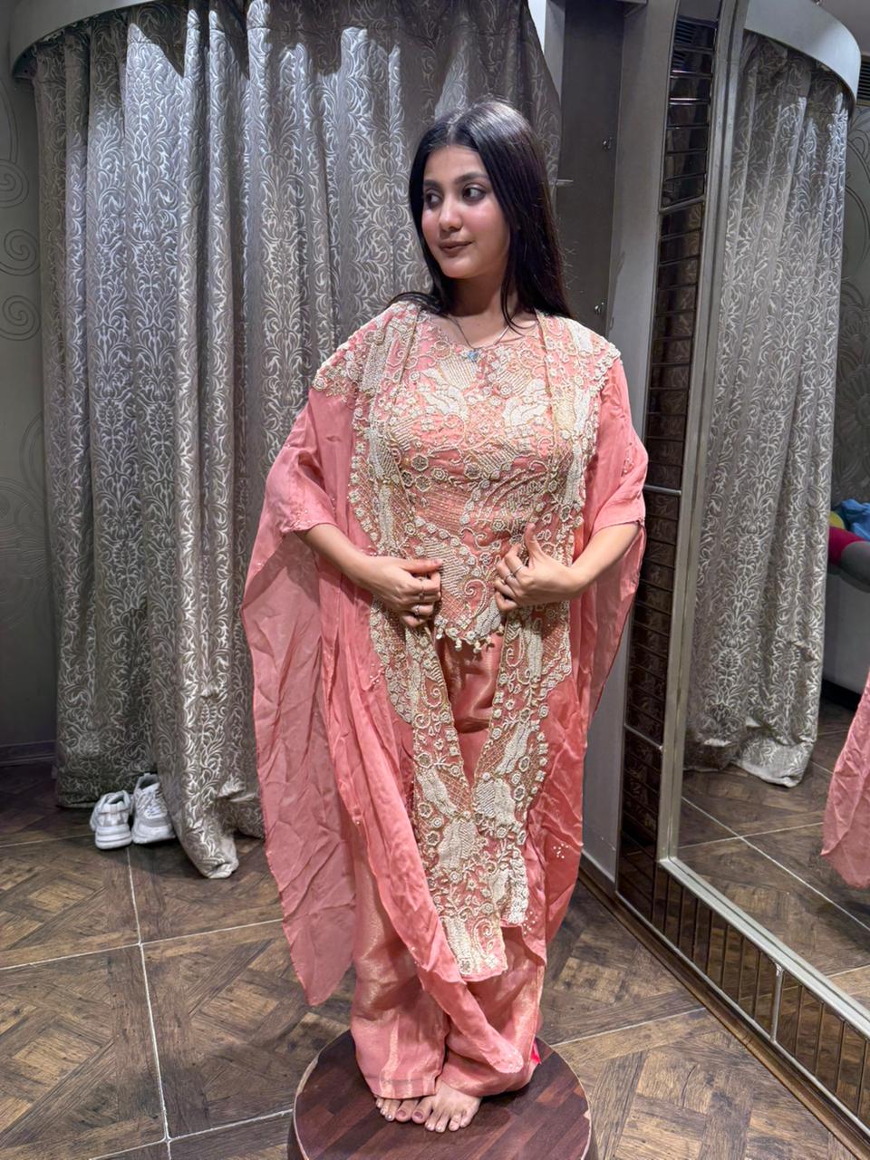 Elegant Peach Embroidered Co-ord Set with Cape Main image