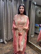 Elegant Peach Embroidered Co-ord Set with Cape