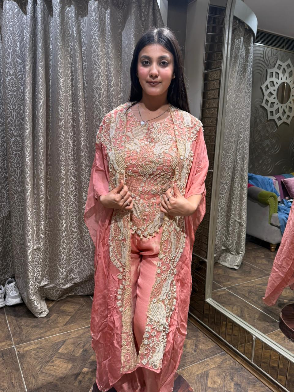 Elegant Peach Embroidered Co-ord Set with Cape