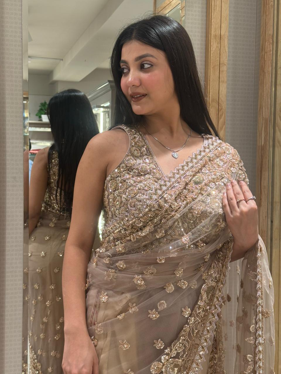 Champagne Gold Embroidered Net Saree
