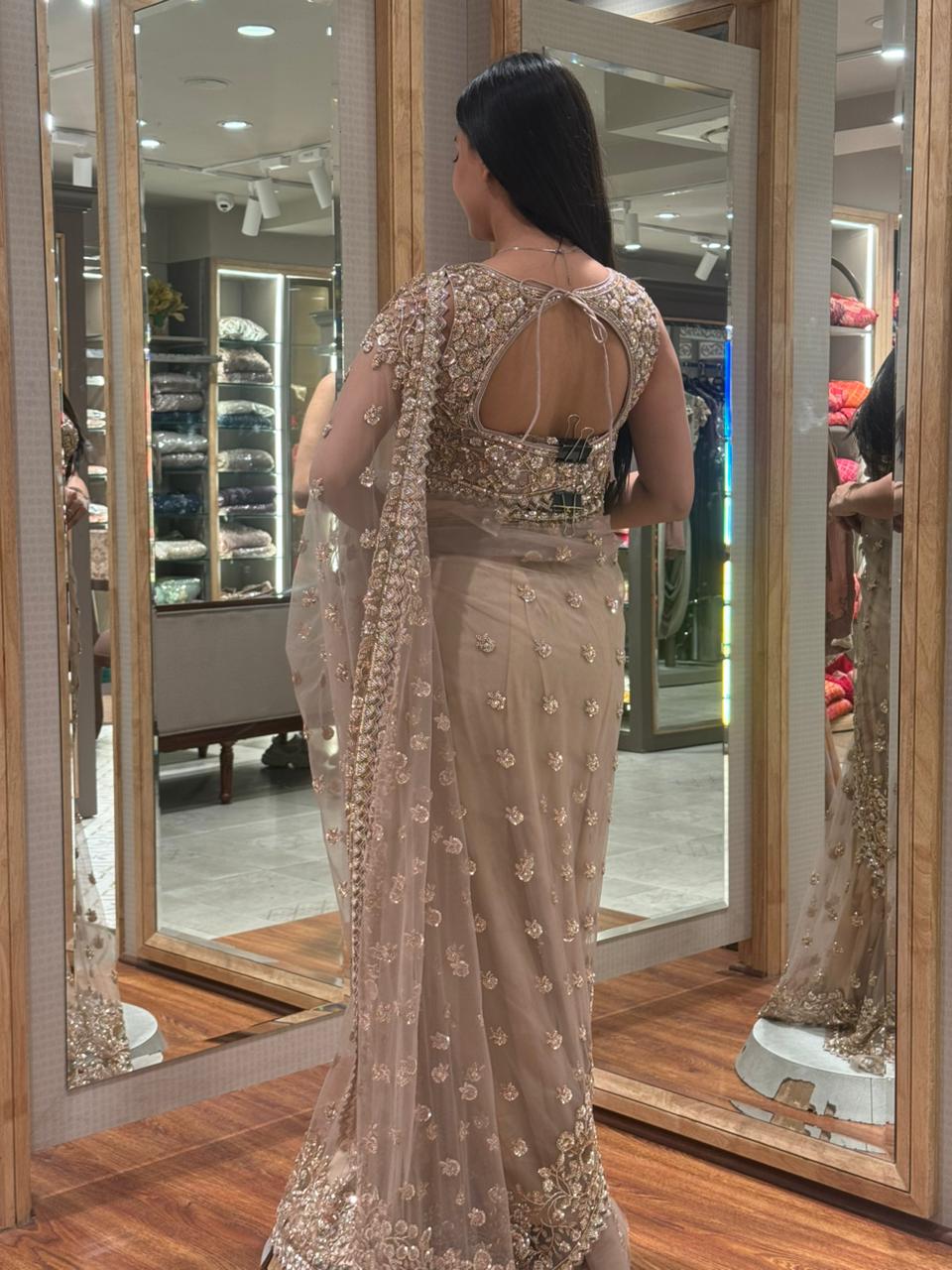 Champagne Gold Embroidered Net Saree