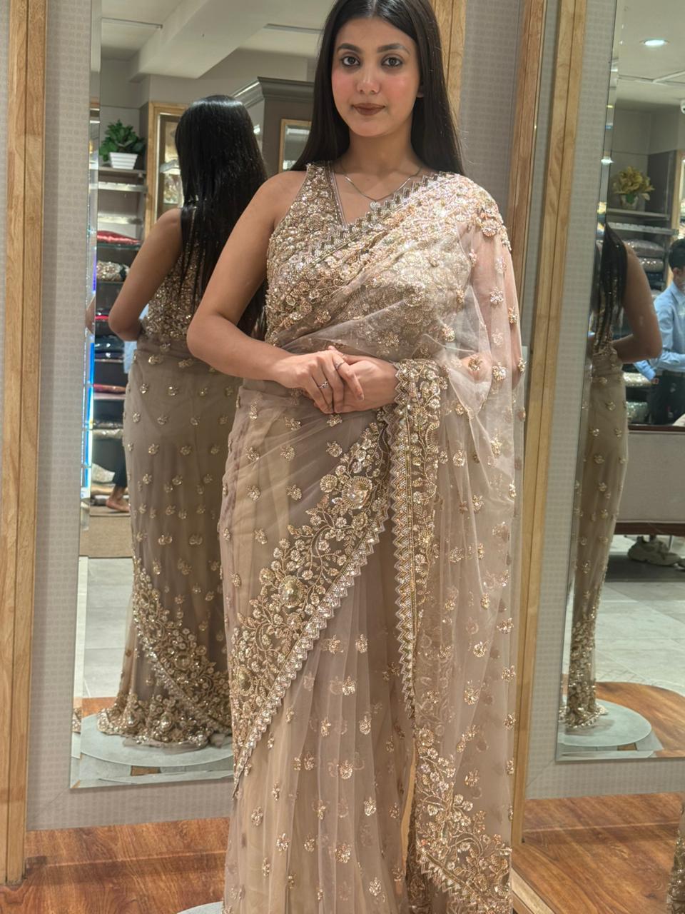Champagne Gold Embroidered Net Saree