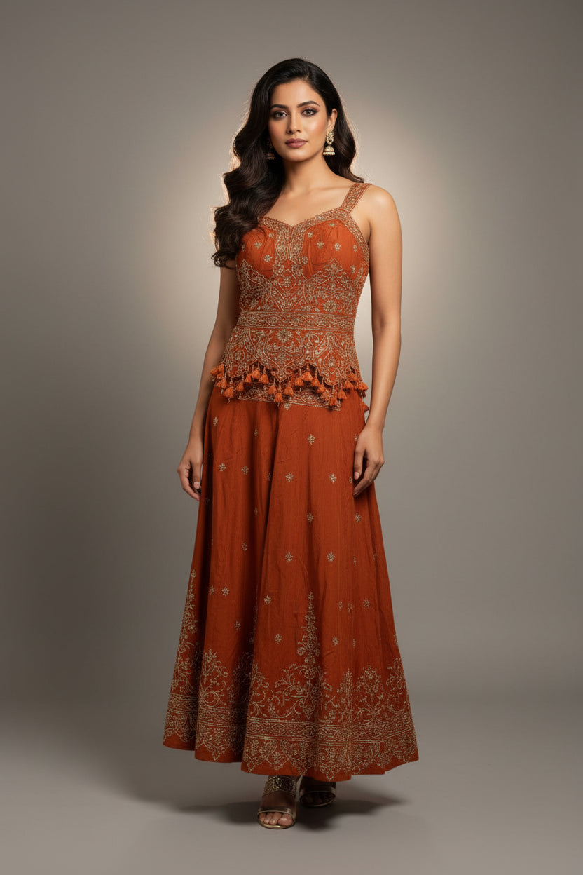 Magenta Corset-Style Sharara Set with Gold Work