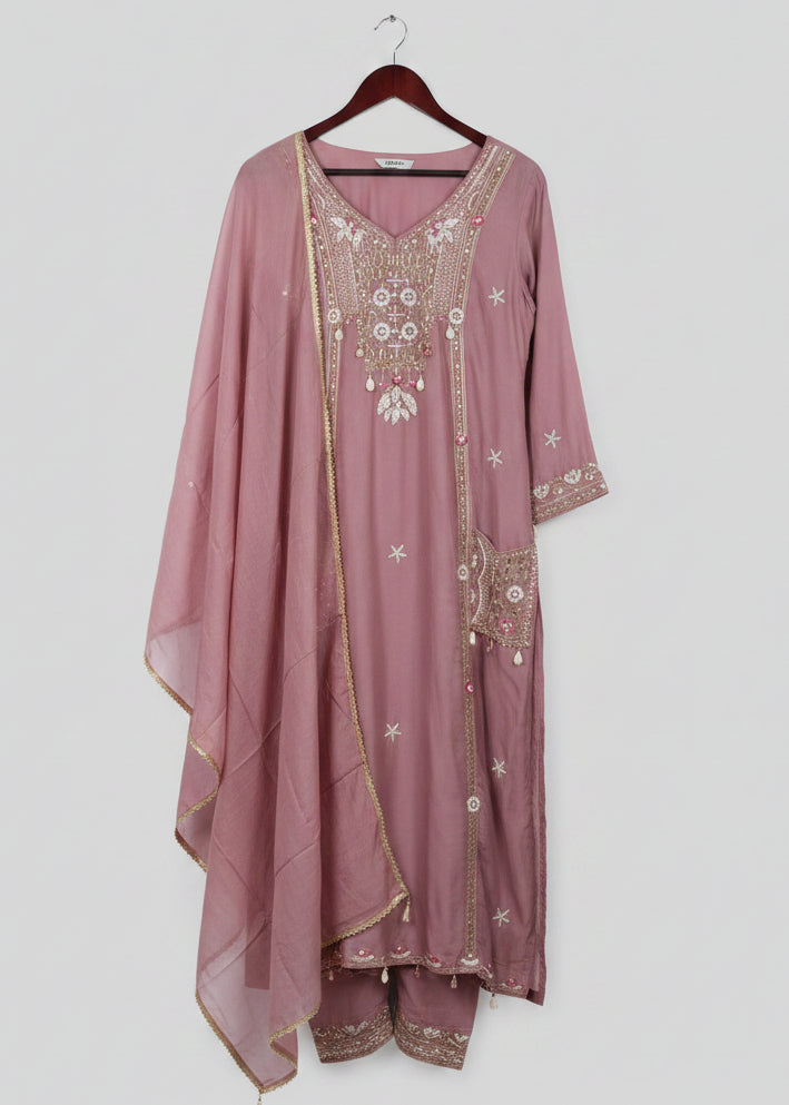 Mauve Silk Suit Set with Embroidered Pockets