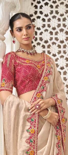 Embroidered Champagne Silk Saree