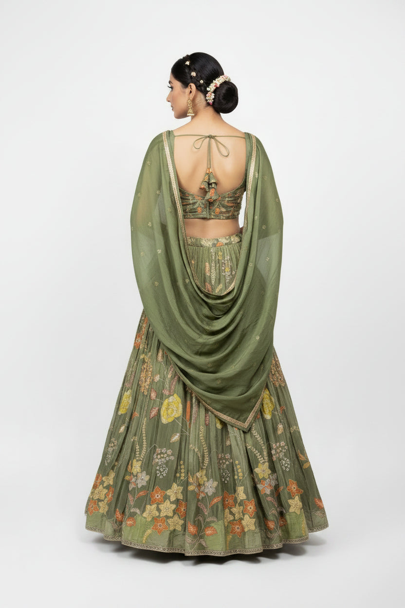 Sage Flora: Hand-Embroidered Silk Lehenga Set Secondary image