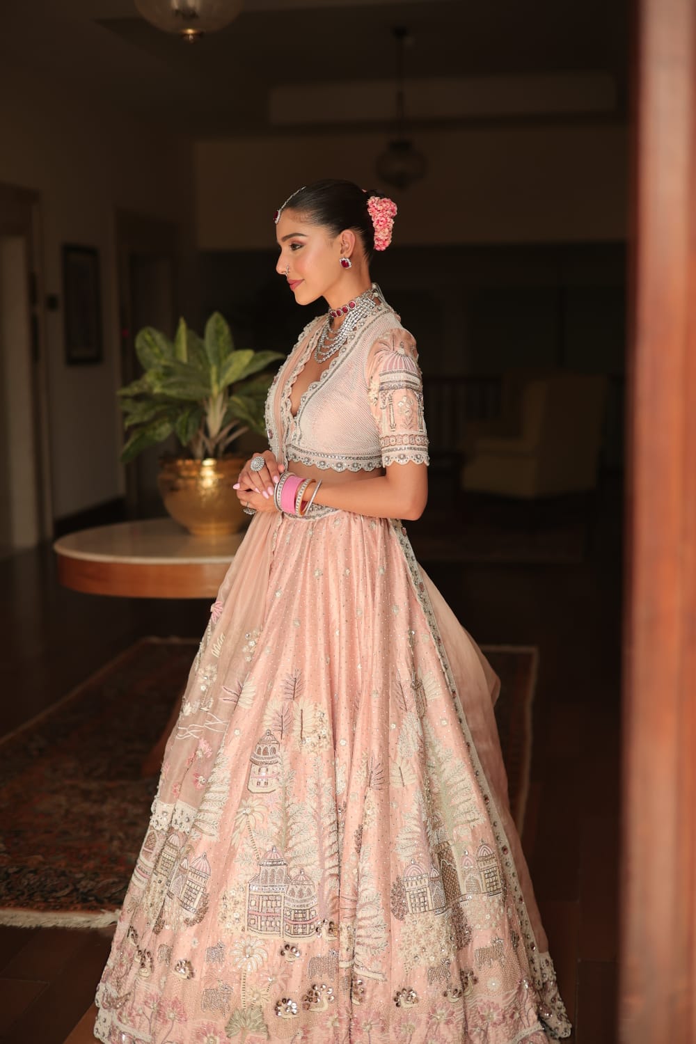 Elegant Pastel Pink Embroidered Lehenga Set