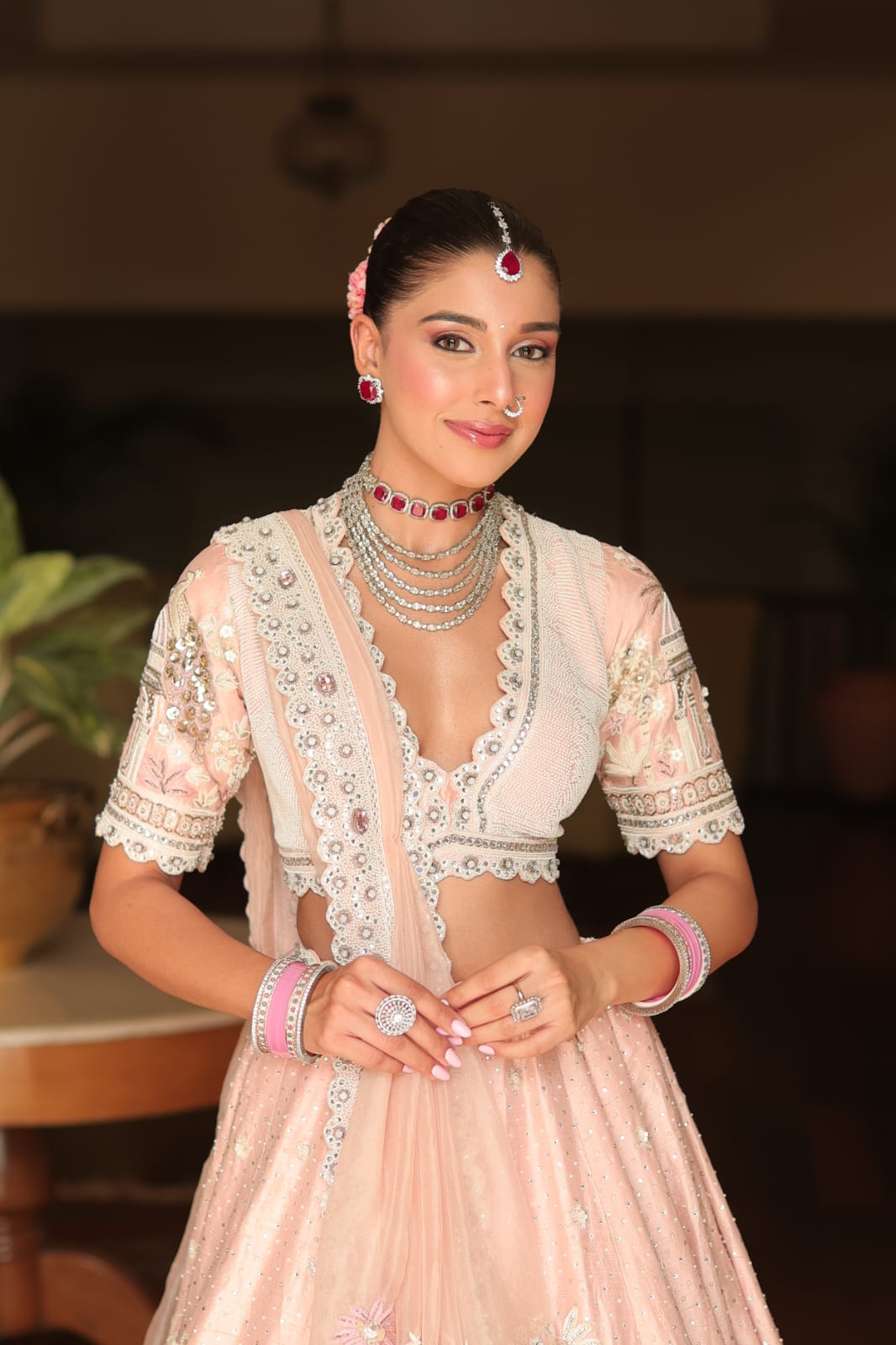 Elegant Pastel Pink Embroidered Lehenga Set Secondary image
