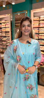 Sky Blue Floral Embroidered Kurta Pant Set