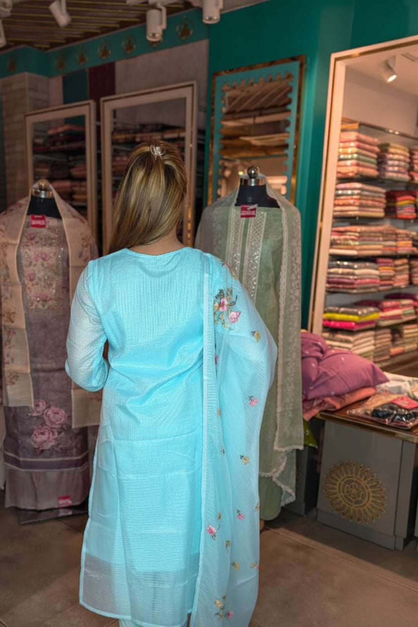 Sky Blue Floral Embroidered Kurta Pant Set