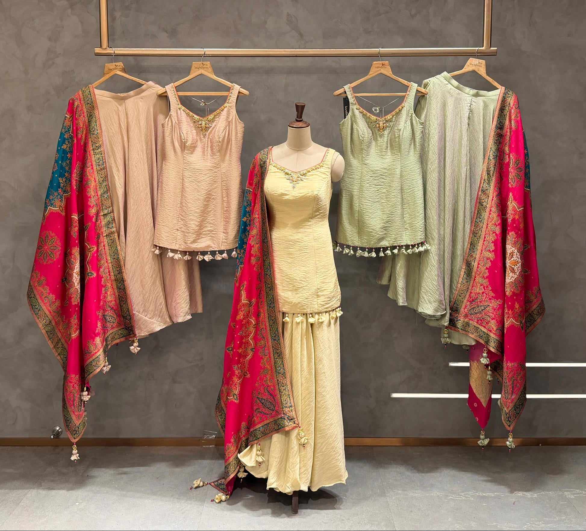 Regal Pastel Crinkled Silk Sharara Set