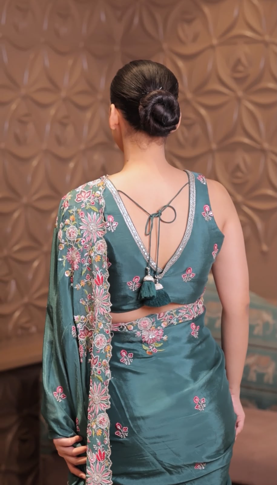 Pastel Floral Embroidery Silk Saree
