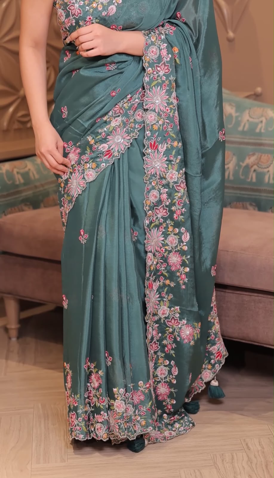 Pastel Floral Embroidery Silk Saree