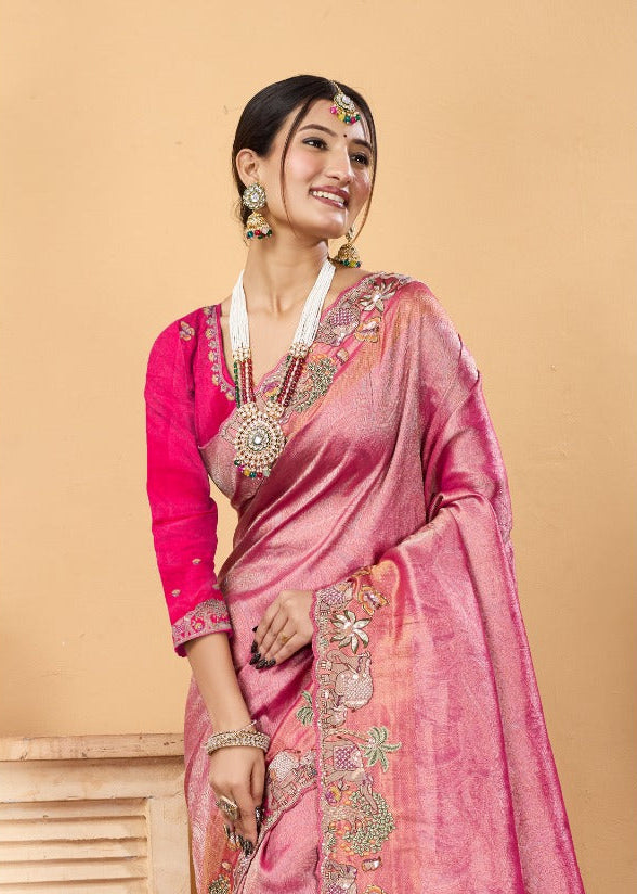 Regal Pink Embroidered Banarasi Silk Saree