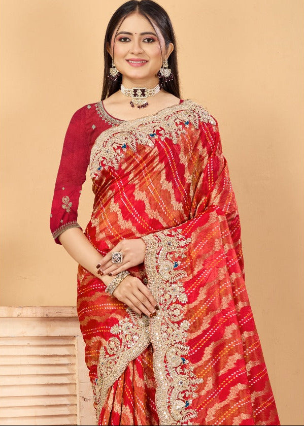 Vibrant Red Georgette Leheriya Saree Secondary image
