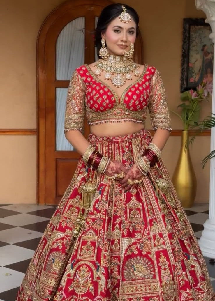 Regal Crimson Red Heritage Zardozi Bridal Lehenga
