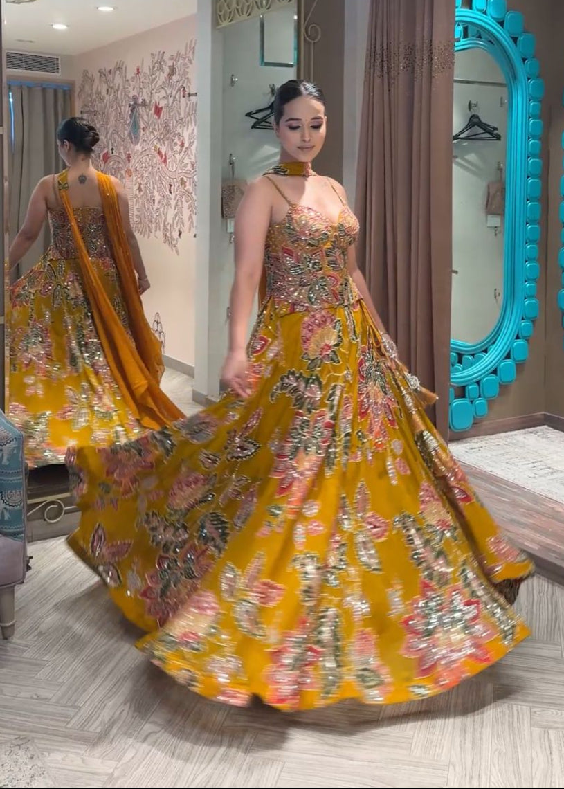 Floral Hand-Embroidered Corset Lehenga Set