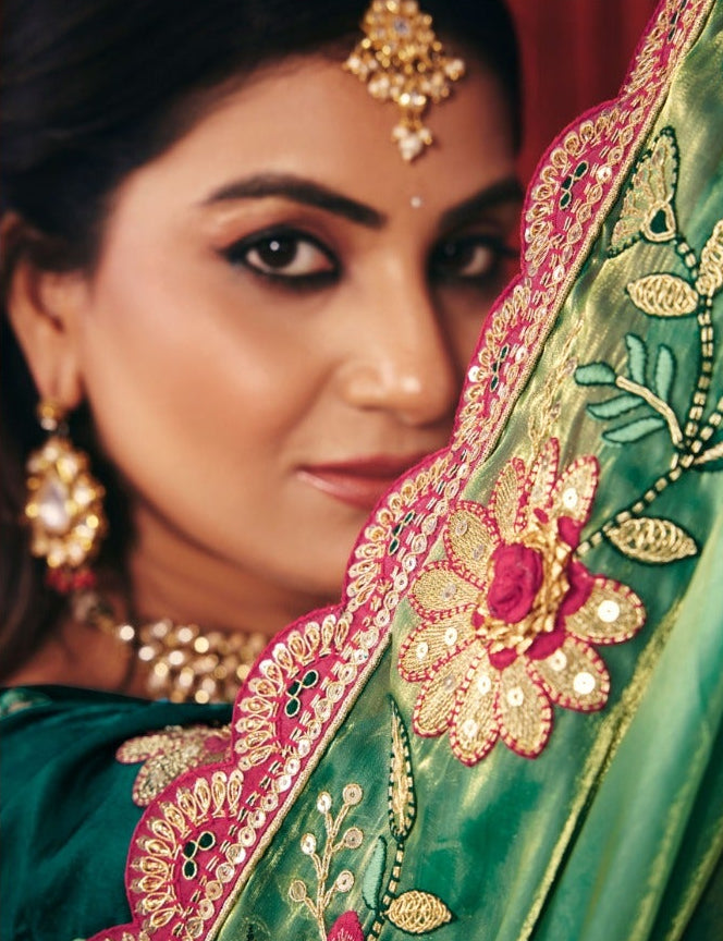 Mint Dual-Tone Embroidered Tissue Silk Saree