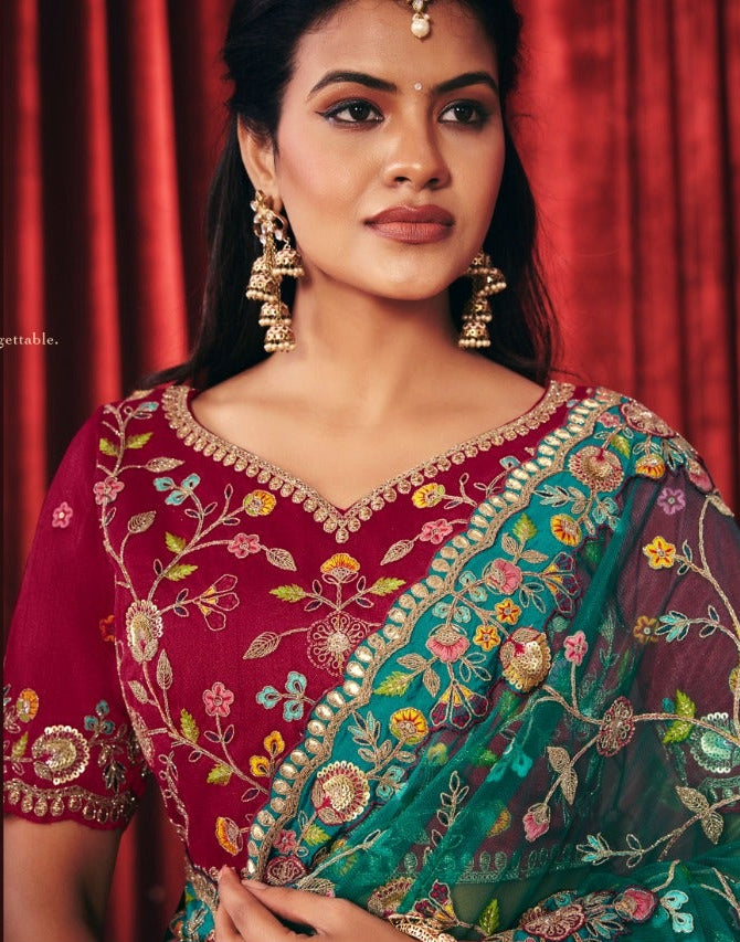 Teal Green Embroidered Organza Saree