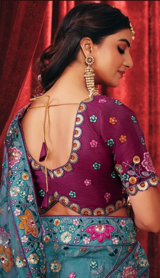 Dusty Blue Embroidered Organza Saree