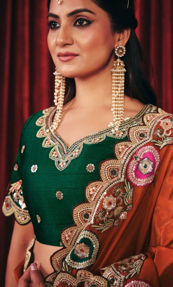 Rust Orange Embroidered Silk Saree
