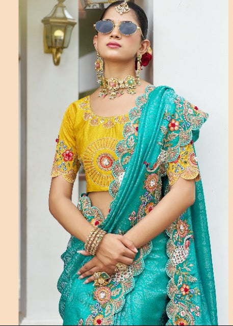Peacock Blue Embroidered Silk Saree