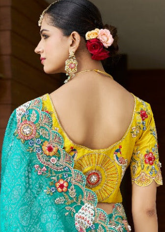 Peacock Blue Embroidered Silk Saree