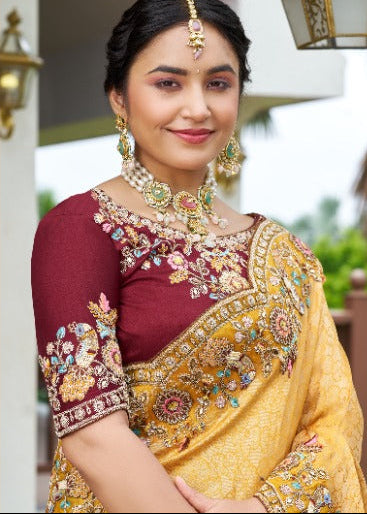 Mustard Yellow Embroidered Silk Saree