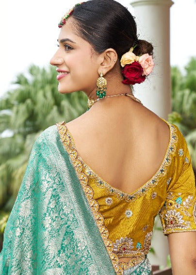 Sea Green & Mustard Ombré Silk Saree