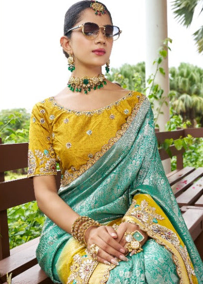 Sea Green & Mustard Ombré Silk Saree