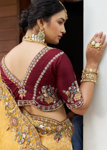 Mustard Yellow Embroidered Silk Saree