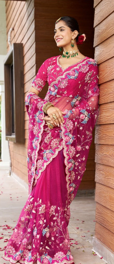 Rani Pink Embroidered Net Saree Secondary image
