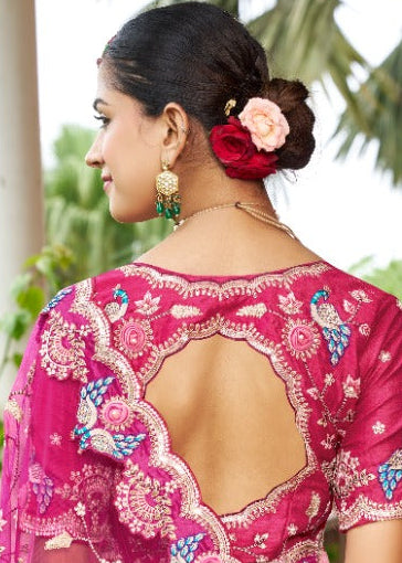 Rani Pink Embroidered Net Saree