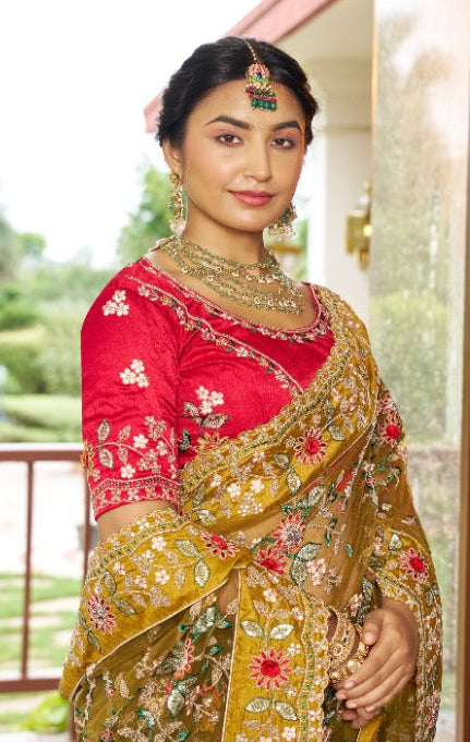 Mustard Ochre Embroidered Net Saree