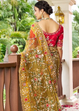 Mustard Ochre Embroidered Net Saree