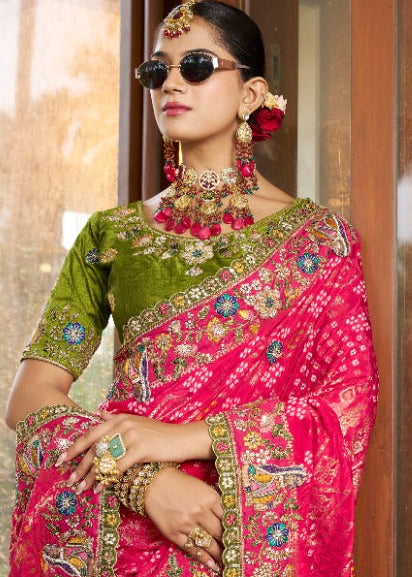 Heavy Embroidered Rani Pink Bandhani Silk Saree