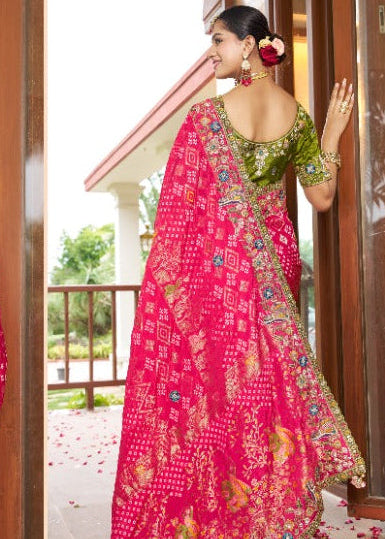 Heavy Embroidered Rani Pink Bandhani Silk Saree