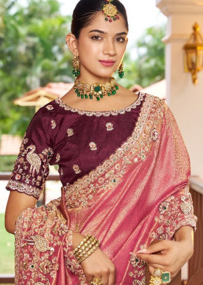 Rose Pink Embroidered Silk Saree