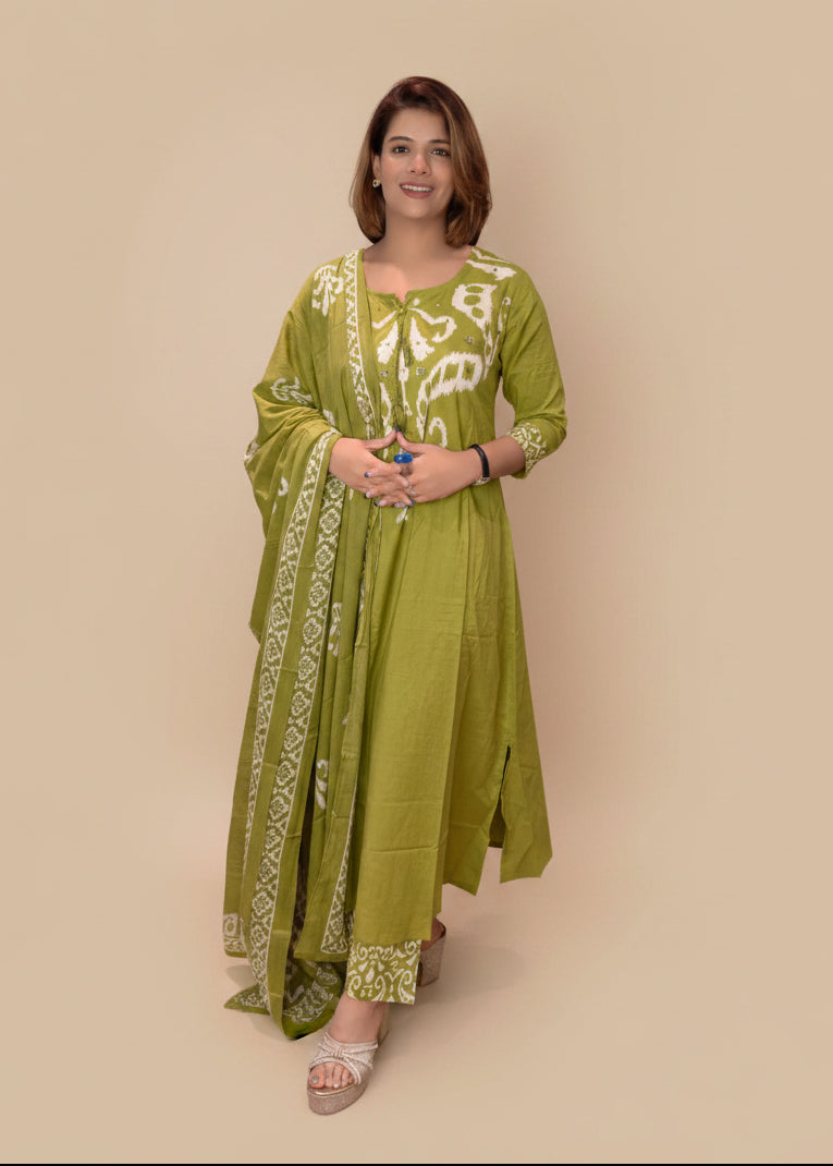 Ikat Border Print Cotton Kurta Set
