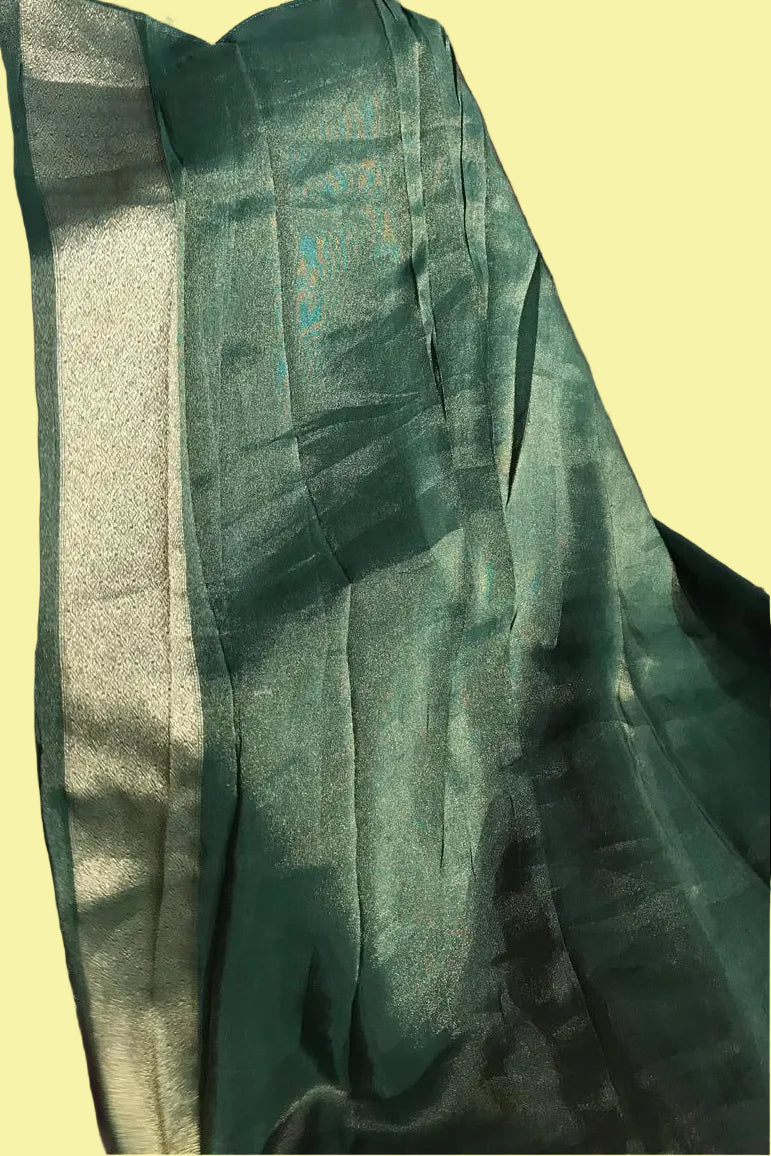 Bottle Green Silk Saree with Golden Butti & Zari Border