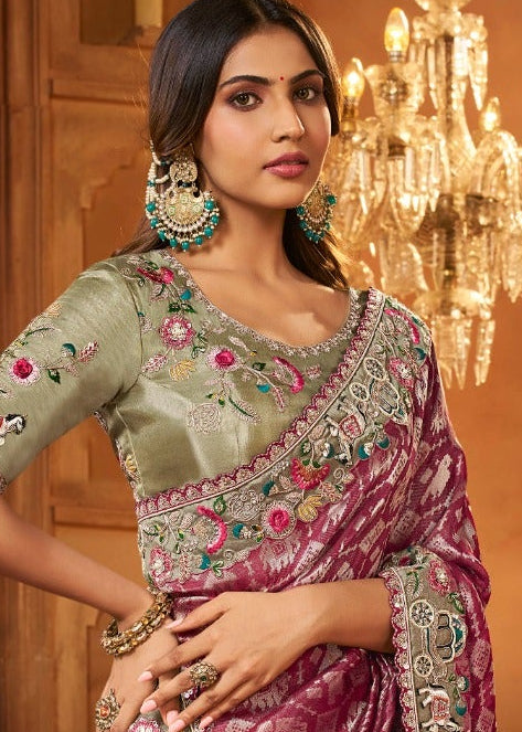 Wine and Sage Green Silk Saree with Multicoloured Floral Embroidery