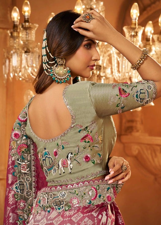 Wine and Sage Green Silk Saree with Multicoloured Floral Embroidery