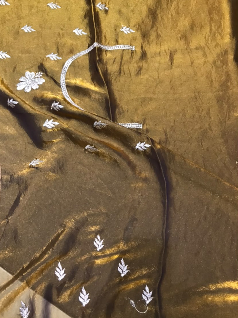Golden Brown Organza Saree with Silver Floral Embroidery Secondary image