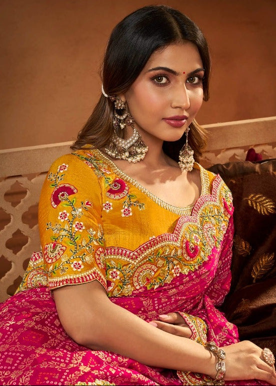Rani Pink and Mustard Yellow Soft Saree with Traditional Embroidery