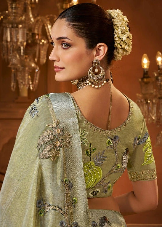 Elegant Sage Green Silk Saree with Floral and Bird Embroidery