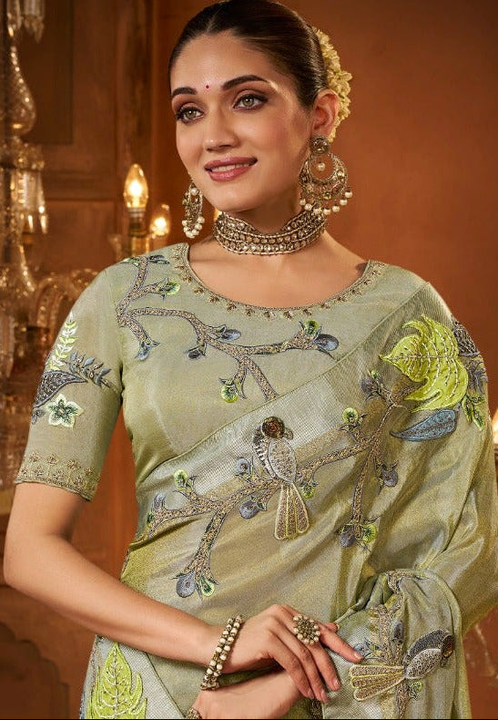 Elegant Sage Green Silk Saree with Floral and Bird Embroidery