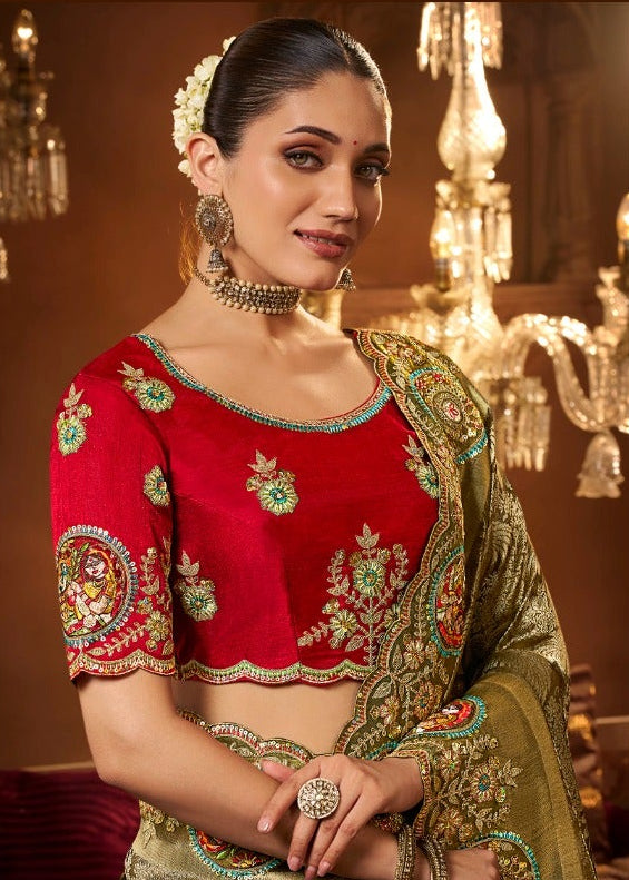 Olive Gold Silk Saree with Multicoloured Embroidery
