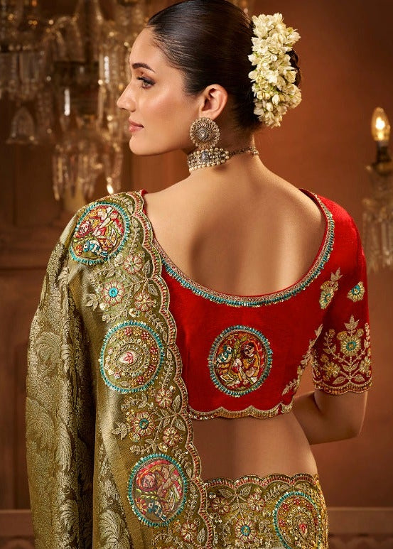 Olive Gold Silk Saree with Multicoloured Embroidery