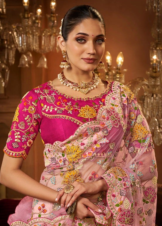Elegant Pink Organza Saree with Multicoloured Floral Embroidery