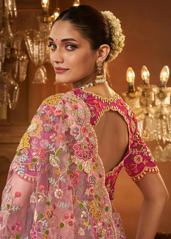 Elegant Pink Organza Saree with Multicoloured Floral Embroidery